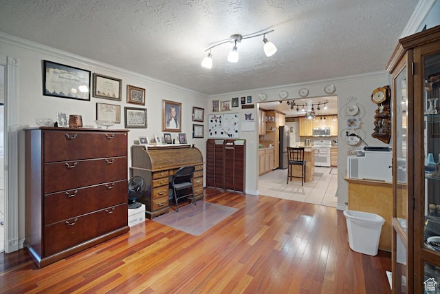office area with light wood-type flooring, crown molding, a textured ceiling, and rail lighting
