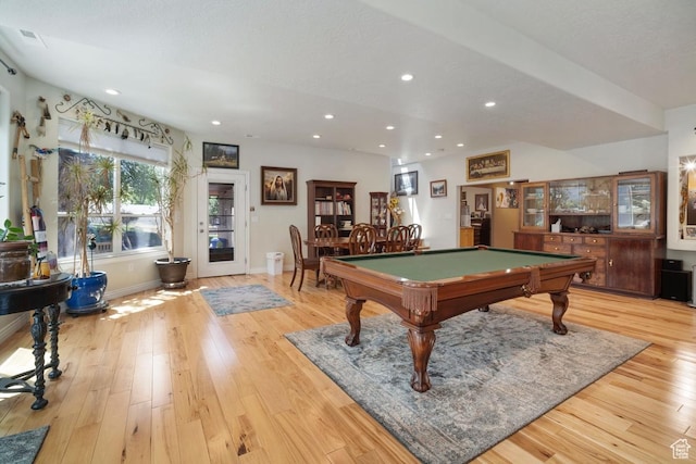 rec room featuring billiards table, wood finished floors, baseboards, and recessed lighting
