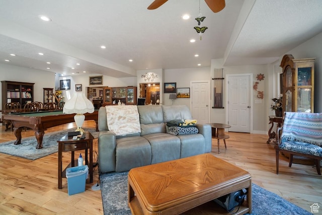 living area featuring pool table, a ceiling fan, recessed lighting, light wood-type flooring, and baseboards