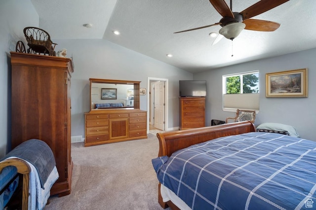 bedroom featuring lofted ceiling, light carpet, recessed lighting, a ceiling fan, and baseboards