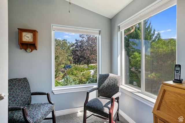 sitting room featuring baseboards, carpet, and lofted ceiling