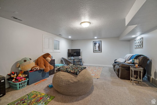 game room featuring carpet floors, a textured ceiling, baseboards, and recessed lighting