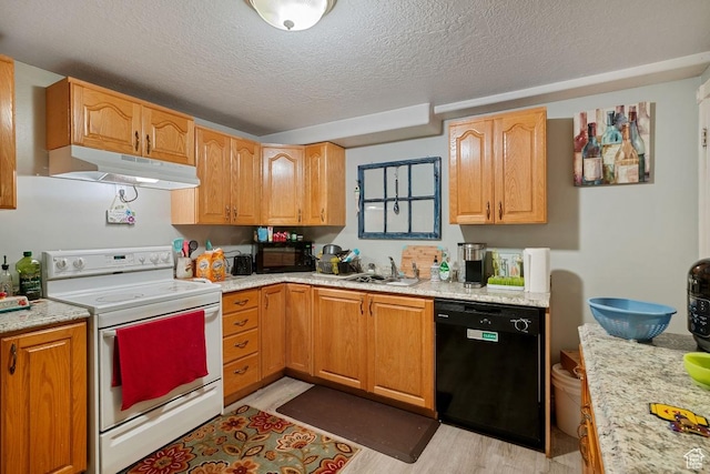 kitchen featuring white range with electric stovetop, dishwasher, under cabinet range hood, a sink, and a textured ceiling