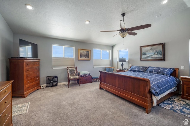 bedroom with carpet flooring, baseboards, a textured ceiling, ceiling fan, and recessed lighting
