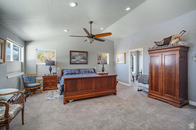 bedroom with light carpet, lofted ceiling, baseboards, a textured ceiling, and recessed lighting