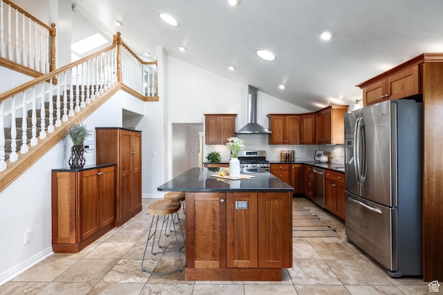 1845 E Princeton Ave, Salt Lake City, UT 84108 - kitchen with appliances with stainless steel finishes, wall chimney exhaust hood, a center island, high vaulted ceiling, and backsplash