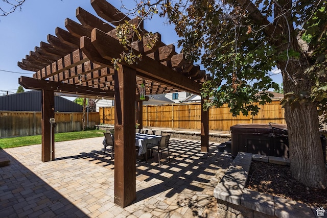 1845 E Princeton Ave, Salt Lake City, UT 84108 - view of patio featuring a hot tub, a pergola, a fenced backyard, and outdoor dining space
