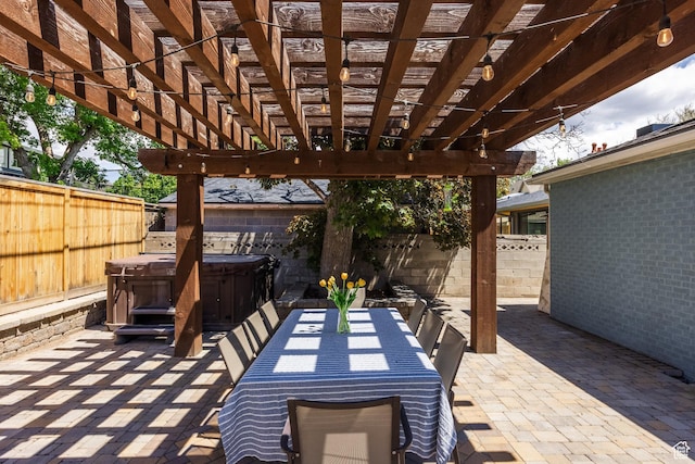 1845 E Princeton Ave, Salt Lake City, UT 84108 - view of patio / terrace featuring a hot tub, a fenced backyard, and a pergola
