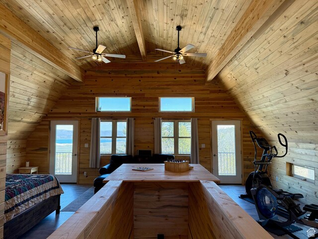 3431 S Panorama Dr, Garden City, UT 84028 - unfurnished bedroom featuring wooden walls, multiple windows, access to outside, and wood ceiling
