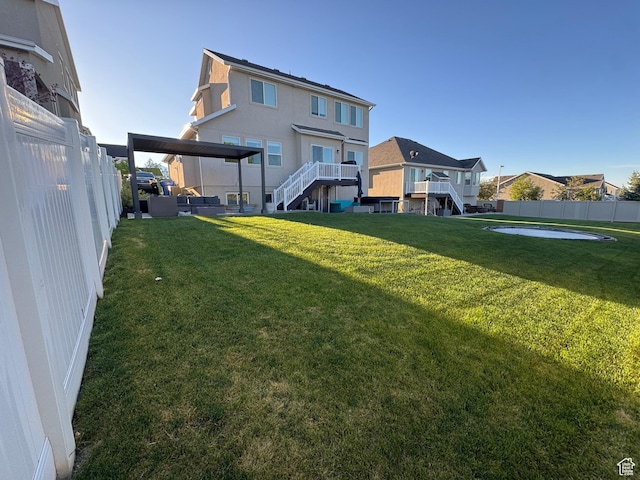 rear view of house featuring stairs, an outdoor hangout area, and a residential view