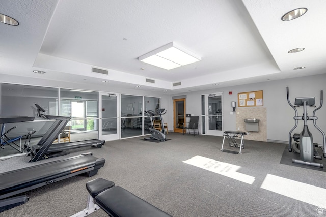 exercise room featuring a raised ceiling