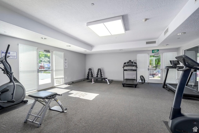 exercise room with plenty of natural light, a raised ceiling, carpet flooring, and a textured ceiling