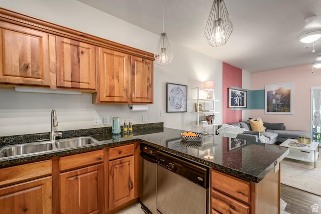 kitchen featuring dishwasher, open floor plan, a peninsula, a sink, and brown cabinets