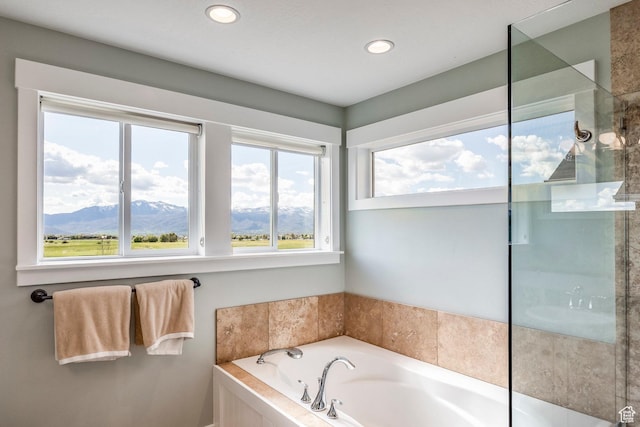 1920 S Wall St, Heber City, UT 84032 - full bath featuring a bath, a mountain view, recessed lighting, and a shower