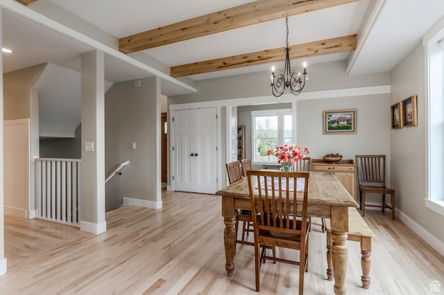 1920 S Wall St, Heber City, UT 84032 - dining space featuring light wood-style floors, a chandelier, baseboards, and beam ceiling