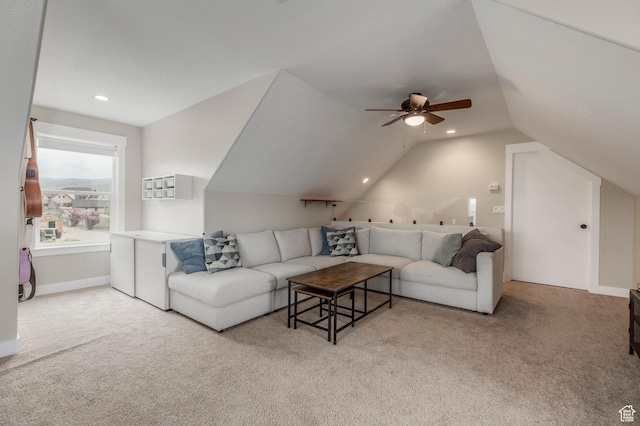 1920 S Wall St, Heber City, UT 84032 - living room featuring light colored carpet, lofted ceiling, ceiling fan, recessed lighting, and baseboards