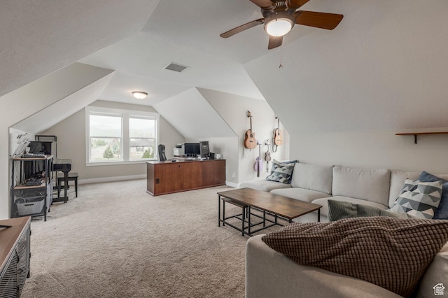 1920 S Wall St, Heber City, UT 84032 - living room featuring an office area, light carpet, vaulted ceiling, a ceiling fan, and baseboards