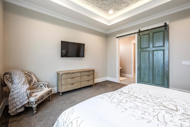 5314 W Rolling Brook Dr, Herriman, UT 84096 - carpeted bedroom with a barn door, a tray ceiling, crown molding, and baseboards