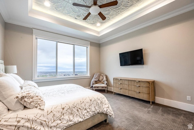 5314 W Rolling Brook Dr, Herriman, UT 84096 - bedroom featuring a tray ceiling, carpet floors, baseboards, ornamental molding, and a ceiling fan