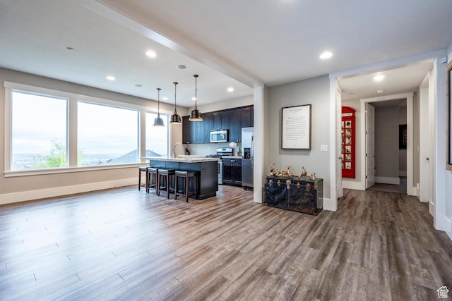 5314 W Rolling Brook Dr, Herriman, UT 84096 - kitchen with appliances with stainless steel finishes, wood finished floors, a center island with sink, light countertops, and recessed lighting