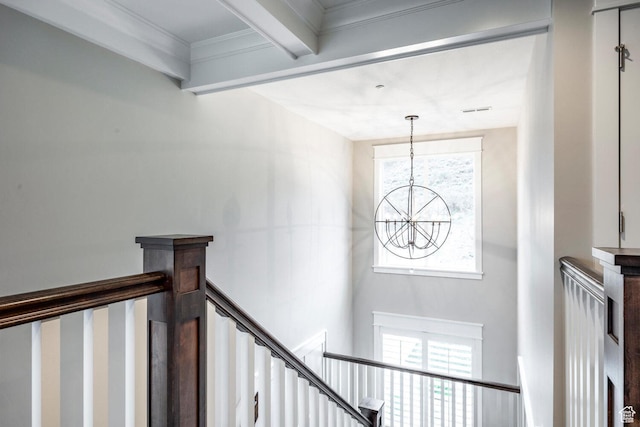 5314 W Rolling Brook Dr, Herriman, UT 84096 - stairway with beamed ceiling and a chandelier