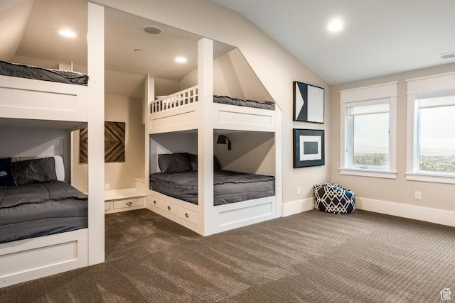 5314 W Rolling Brook Dr, Herriman, UT 84096 - unfurnished bedroom featuring dark carpet, vaulted ceiling, recessed lighting, and baseboards