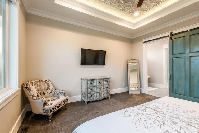 5314 W Rolling Brook Dr, Herriman, UT 84096 - bedroom featuring dark colored carpet, a raised ceiling, ornamental molding, a barn door, and baseboards