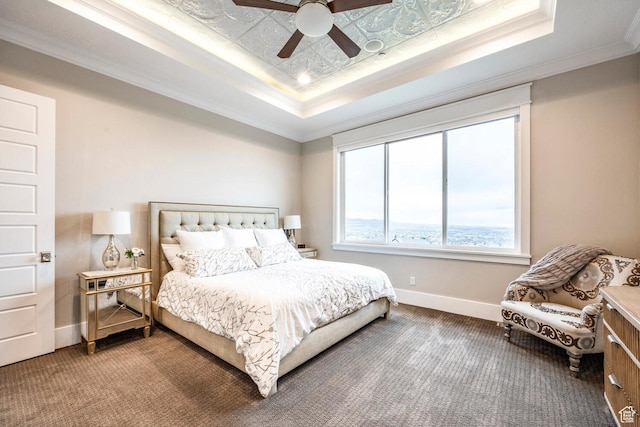 5314 W Rolling Brook Dr, Herriman, UT 84096 - carpeted bedroom featuring a raised ceiling, baseboards, crown molding, and ceiling fan