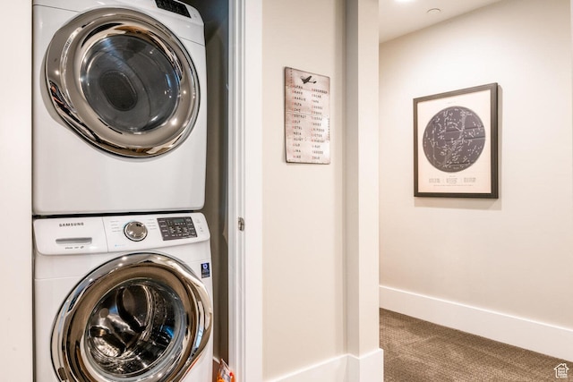 5314 W Rolling Brook Dr, Herriman, UT 84096 - laundry area with stacked washer / dryer, carpet flooring, and baseboards
