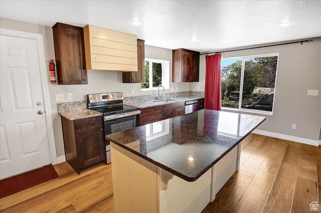 kitchen featuring appliances with stainless steel finishes, a sink, baseboards, light wood-style flooring, and plenty of natural light