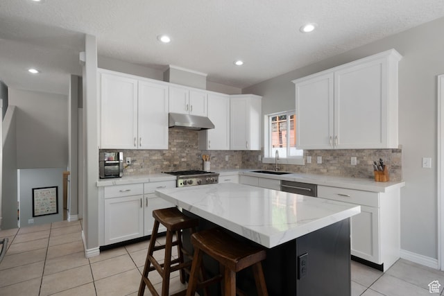 14038 S New Saddle Rd, Draper, UT 84020 - kitchen with under cabinet range hood, a sink, light tile patterned flooring, tasteful backsplash, and white cabinetry