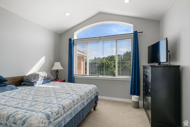 14038 S New Saddle Rd, Draper, UT 84020 - bedroom featuring vaulted ceiling, light colored carpet, baseboards, and recessed lighting