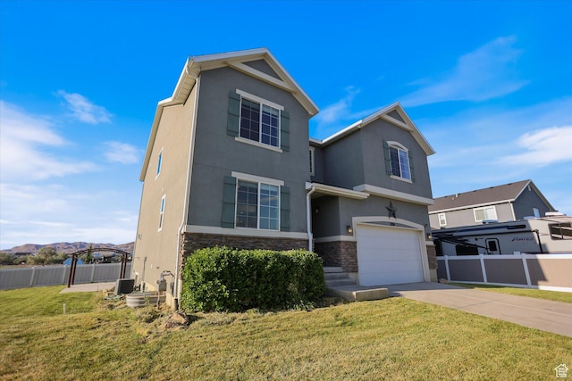 traditional-style house featuring stone siding, a garage, stucco siding, concrete driveway, and cooling unit