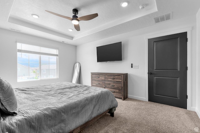 2607 N Mclaws Ave, Layton, UT 84040 - carpeted bedroom featuring a tray ceiling, baseboards, recessed lighting, and ceiling fan