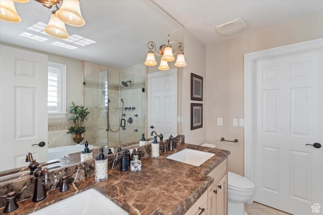 10543 S 2330 W, South Jordan, UT 84095 - full bath featuring a stall shower, tile patterned flooring, toilet, double vanity, and a chandelier