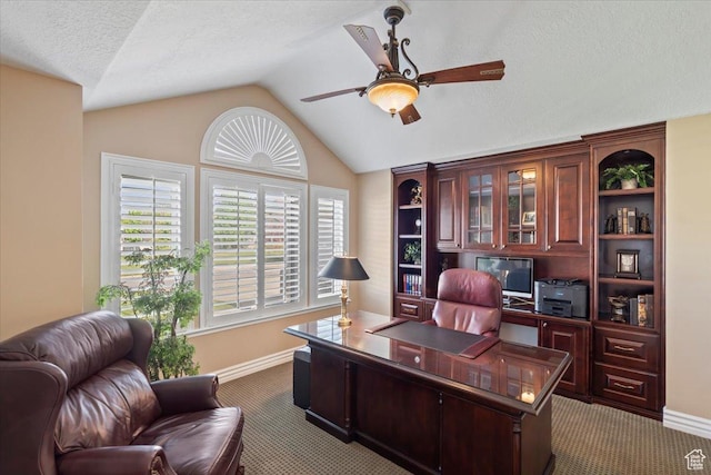 10543 S 2330 W, South Jordan, UT 84095 - carpeted office space with ceiling fan, vaulted ceiling, baseboards, healthy amount of natural light, and a textured ceiling