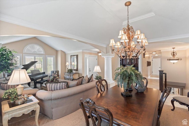 10543 S 2330 W, South Jordan, UT 84095 - dining space with lofted ceiling, decorative columns, arched walkways, a chandelier, and crown molding