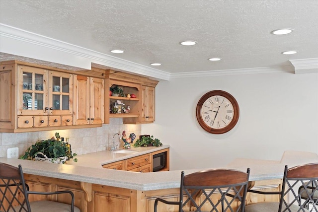 10543 S 2330 W, South Jordan, UT 84095 - bar featuring a sink, crown molding, decorative backsplash, and recessed lighting