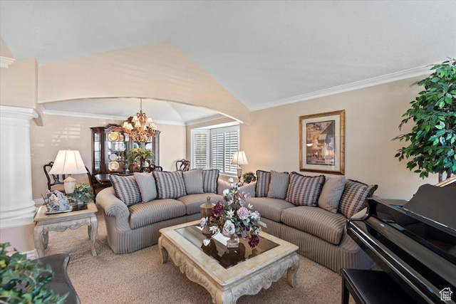 10543 S 2330 W, South Jordan, UT 84095 - living room with a chandelier, ornate columns, vaulted ceiling, arched walkways, and crown molding