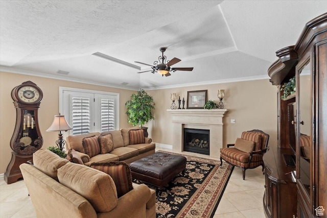 10543 S 2330 W, South Jordan, UT 84095 - living area with light tile patterned floors, a raised ceiling, a ceiling fan, a fireplace, and crown molding