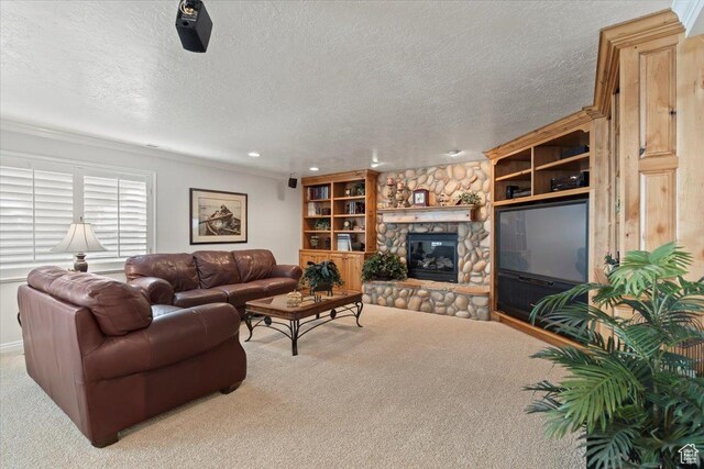 10543 S 2330 W, South Jordan, UT 84095 - carpeted living area featuring a textured ceiling, a fireplace, crown molding, and recessed lighting