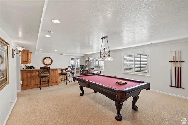 10543 S 2330 W, South Jordan, UT 84095 - recreation room with light colored carpet, billiards, a dry bar, baseboards, and recessed lighting