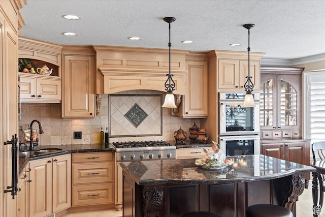 10543 S 2330 W, South Jordan, UT 84095 - kitchen featuring double oven, a sink, dark stone counters, open shelves, and backsplash