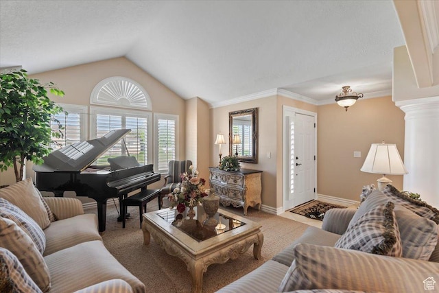 10543 S 2330 W, South Jordan, UT 84095 - living room featuring lofted ceiling, carpet flooring, baseboards, and ornamental molding