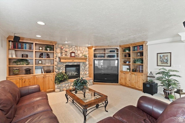 10543 S 2330 W, South Jordan, UT 84095 - carpeted living area featuring crown molding, a textured ceiling, and a stone fireplace