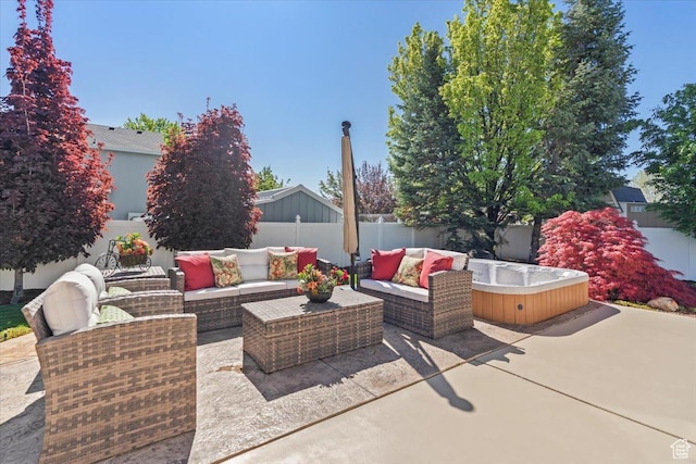 10543 S 2330 W, South Jordan, UT 84095 - view of patio with a fenced backyard, an outdoor living space, and a hot tub