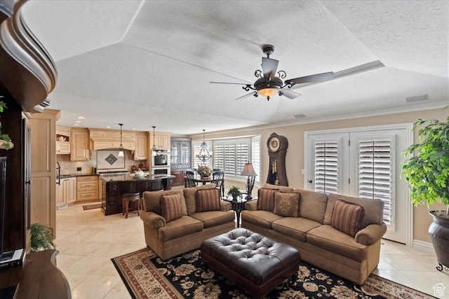 10543 S 2330 W, South Jordan, UT 84095 - living area featuring light tile patterned floors, a ceiling fan, a textured ceiling, and crown molding