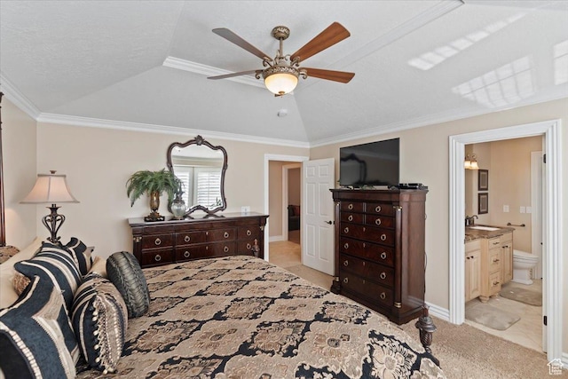 10543 S 2330 W, South Jordan, UT 84095 - bedroom featuring a sink, light colored carpet, crown molding, a ceiling fan, and connected bathroom
