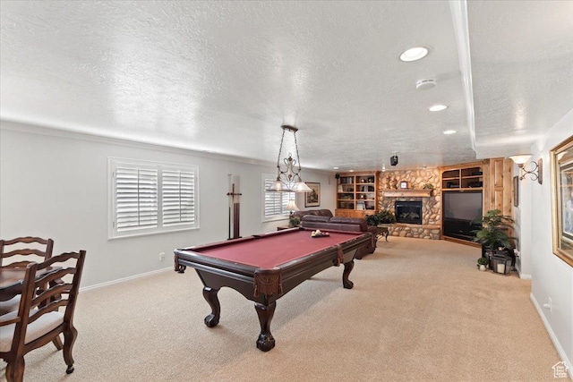 10543 S 2330 W, South Jordan, UT 84095 - recreation room featuring a textured ceiling, baseboards, a fireplace, carpet, and recessed lighting