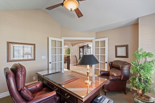 10543 S 2330 W, South Jordan, UT 84095 - office area featuring french doors, vaulted ceiling, ceiling fan, arched walkways, and baseboards